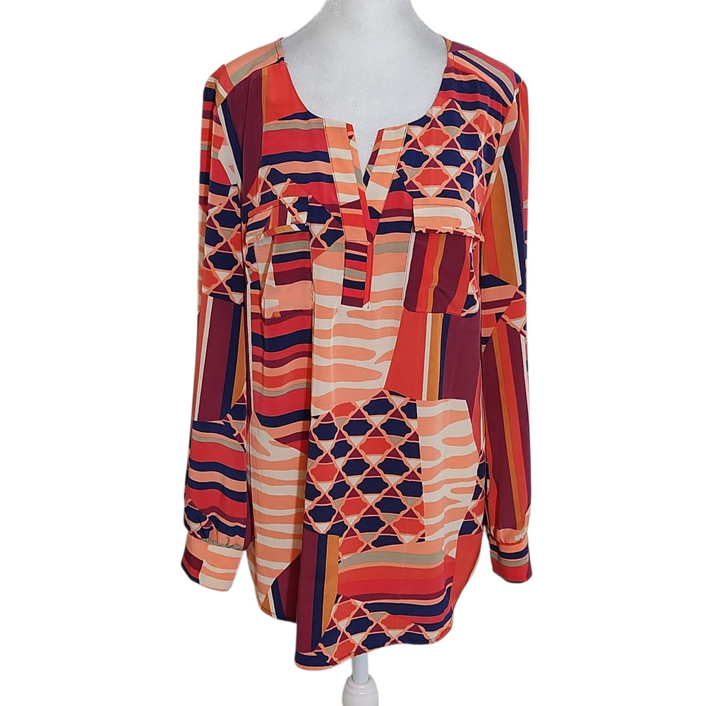 Style & Co. Colorful Geometric Blouse Size Medium Orange Print Top